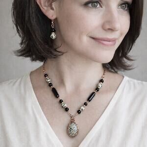 Dalmatian Stone Jasper 1 1/2" Oval Cabochon Black Ivory necklace earrings 20"
